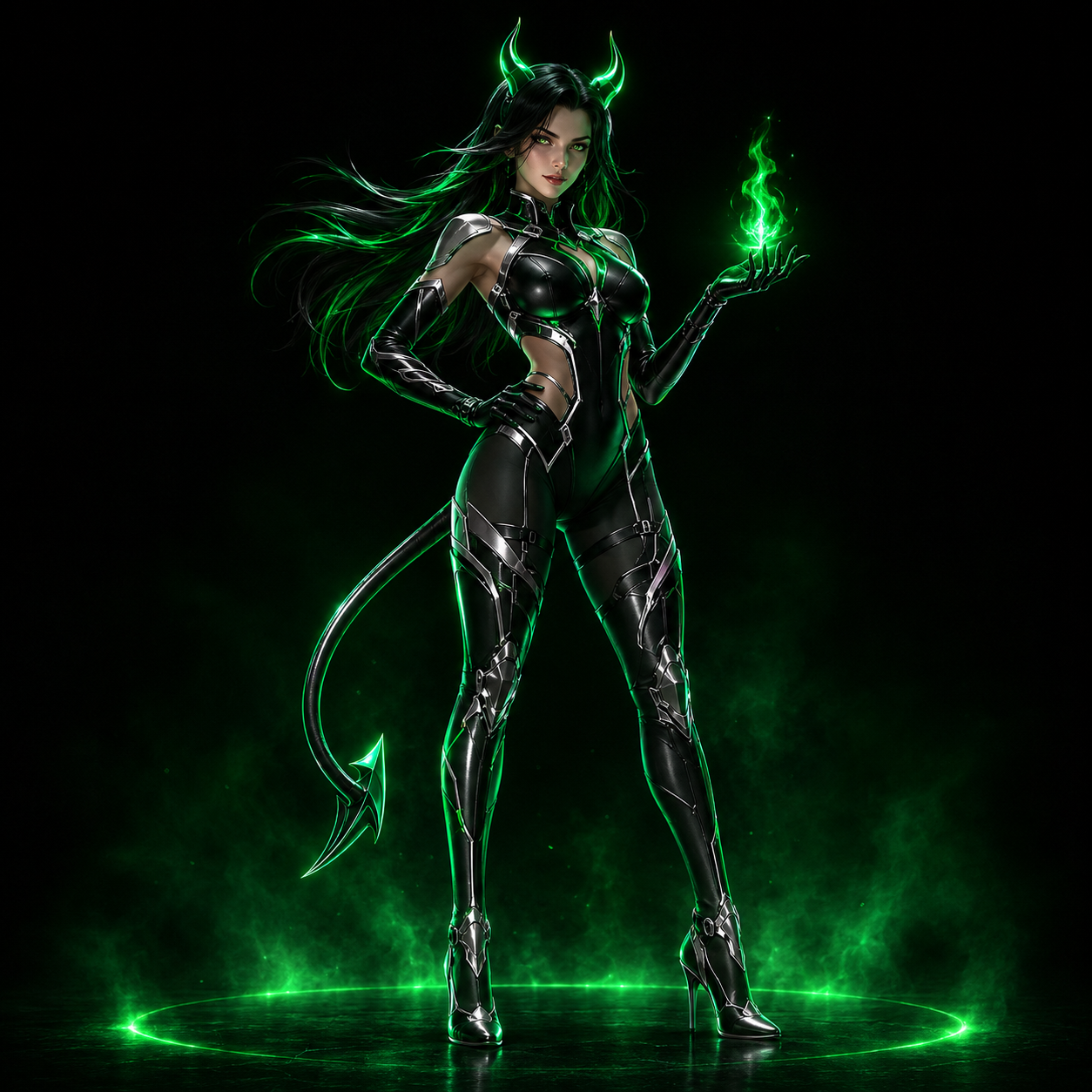 Uncensored AI signature character rendered in chrome and emerald light